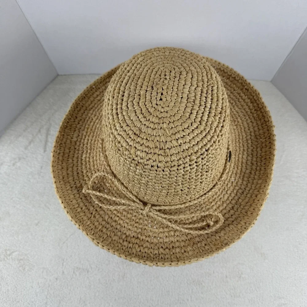 Scala Crocheted Twisted Raffia Straw Boater Hat with Drawstring One Size Natural